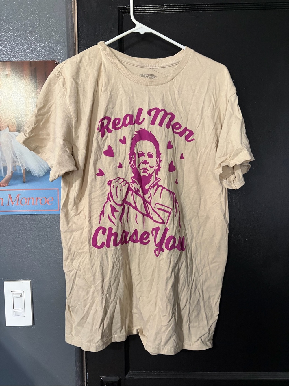 Real Men Chase You Graphic Tee - Cream with Pink Print